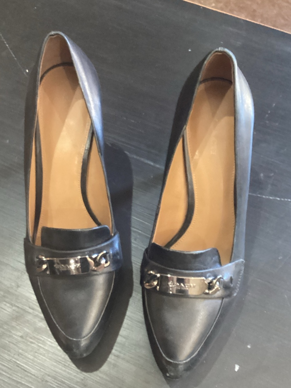 Coach Black Pointed Leather Loafers with Silver Chain Trim